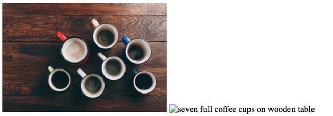 Image side by side with broken image icon and descriptive alt text that reads seven full coffee cups on wooden table