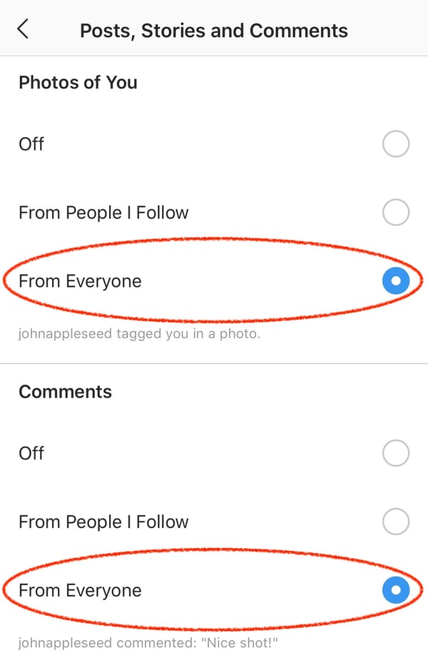 instagram notifications on from everyone settings