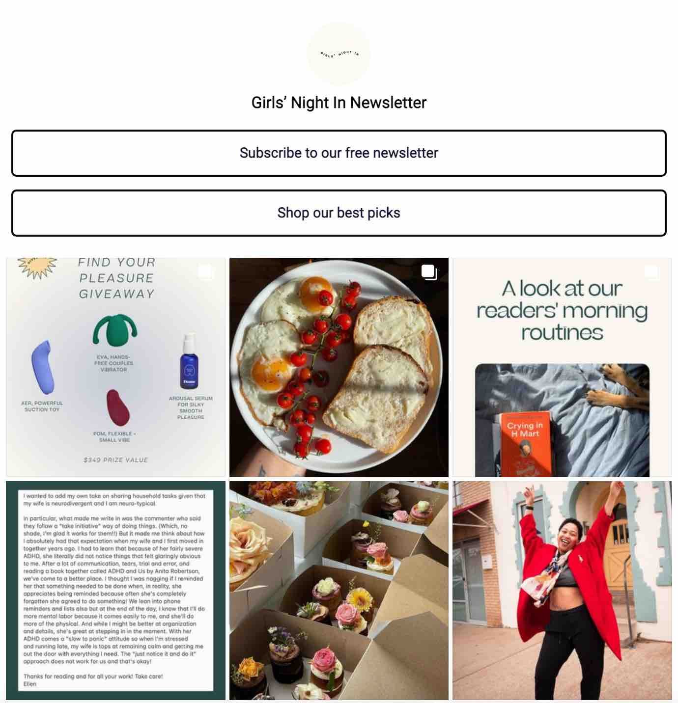 instagram marketing for small business, the link section from Girls’ Night In Club’s Instagram profile directs followers to several links in one place.