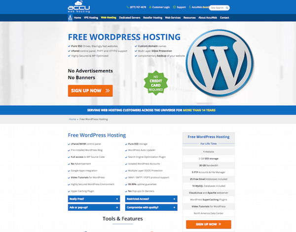 AccuWeb hosting homepage that reads "free wordpress hosting serving web hosting customers across the universe for more than 14 years"