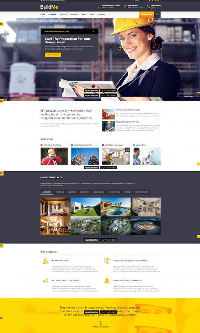 BuildMe theme shows construction company website for WordPress