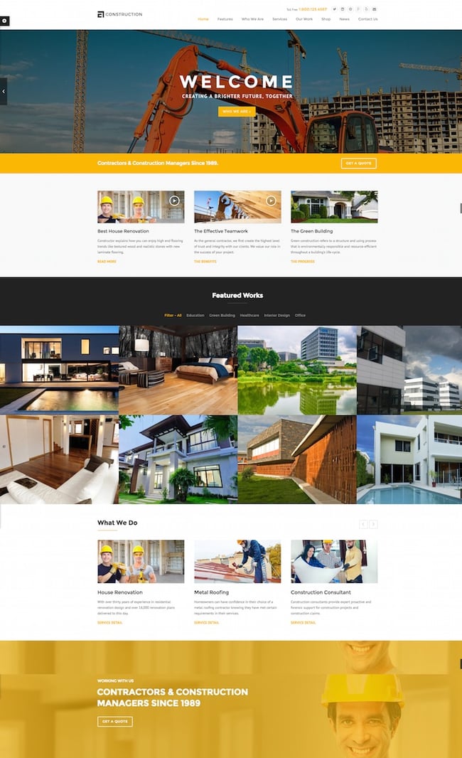 Construction WordPress theme demo shows video gallery and portfolio section
