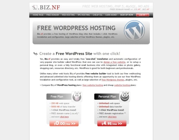 Biz.nf homepage that reads "free wordpress hosting"