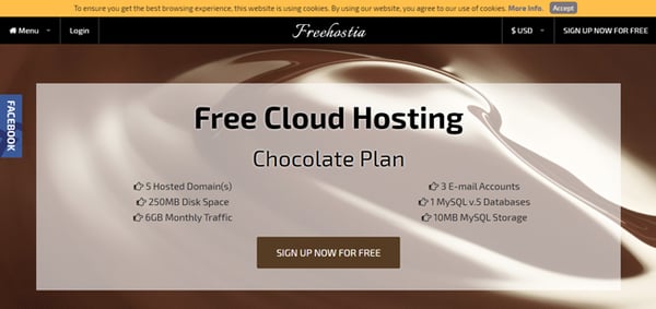 Freehostia homepage that reads "free cloud hosting"