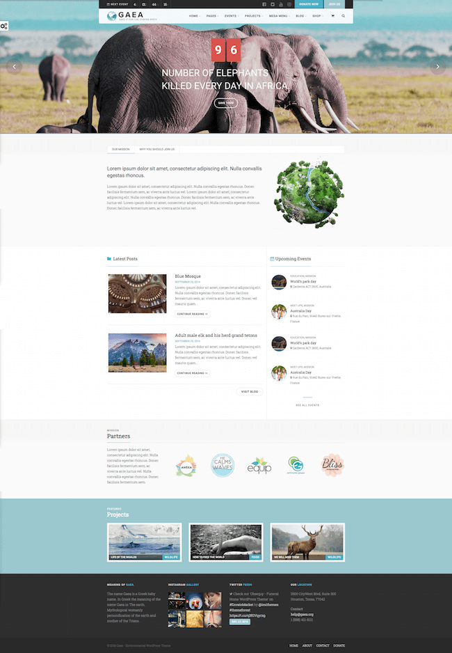 best eco-friendly WordPress Themes: Gaea demo shows number of elephants killed a day