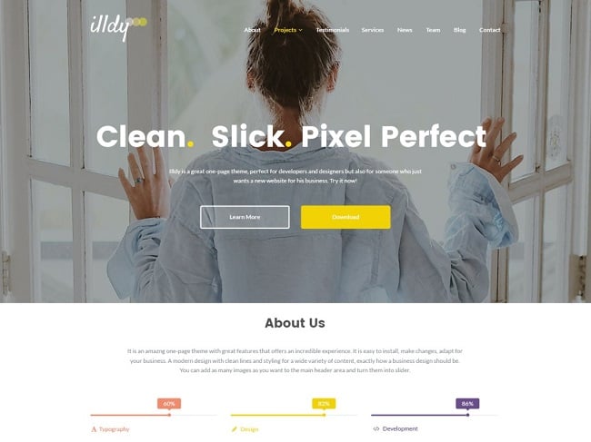 free parallax theme Illdy featured parallax hero image and CTA buttons