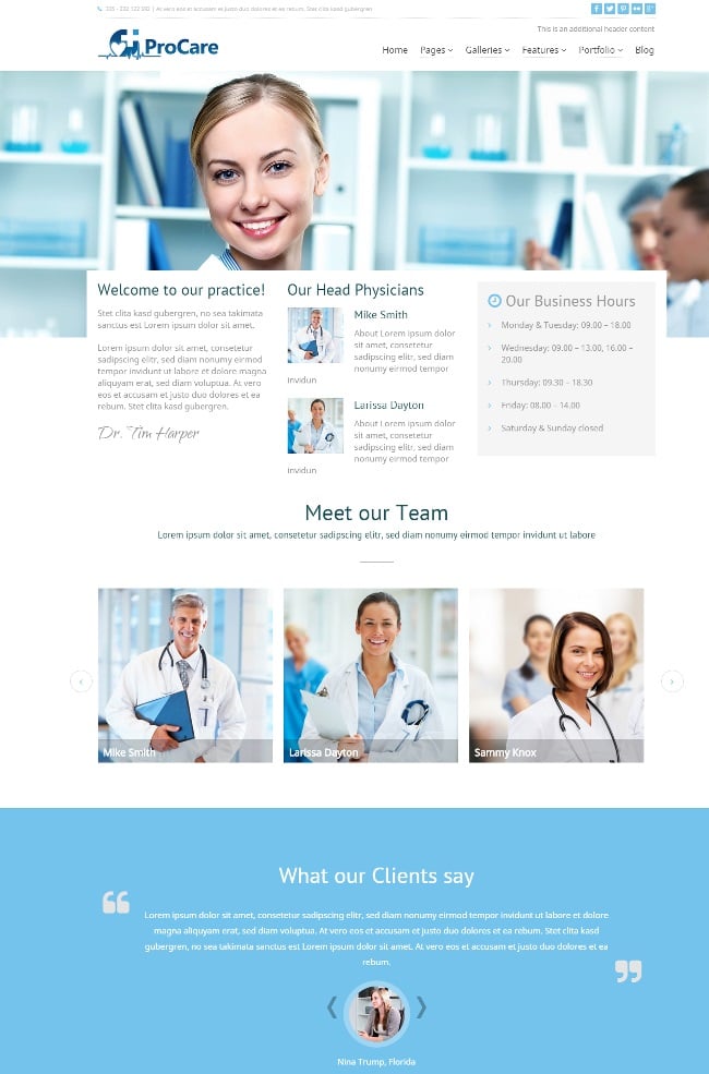 best wordpress health theme: ProCare homepage showcases team and customer testimonial