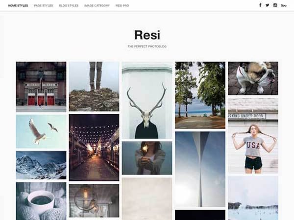 Resi WordPress Theme displays minimalist masonry grid of images