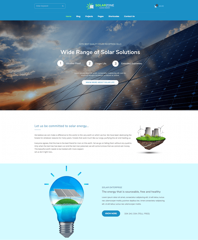 best eco friendly WordPress Theme: Solar Energy demo showcasing solar solutions