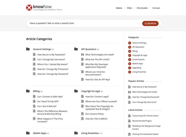 Knowledge base website with search tool and categorized articles created with the KnowHow theme for WordPress 
