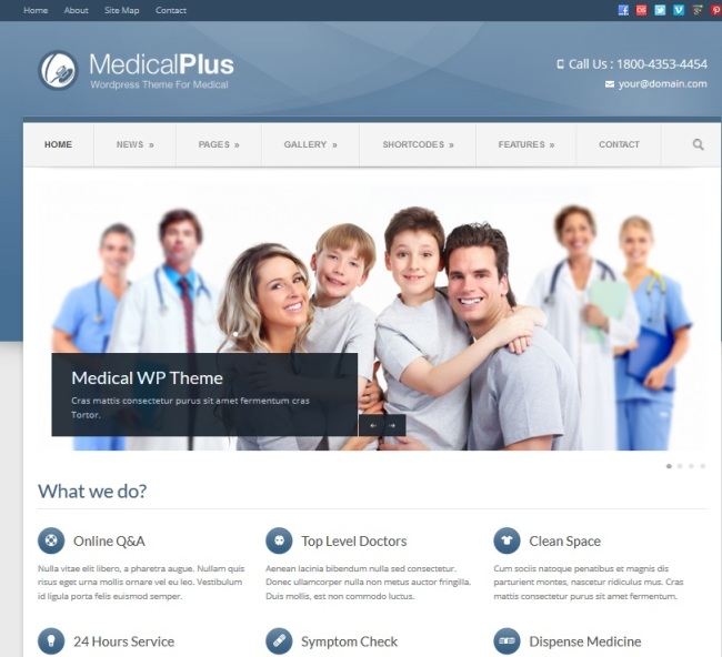 best wordpress health theme: MedicalPlus features navigation menu and services