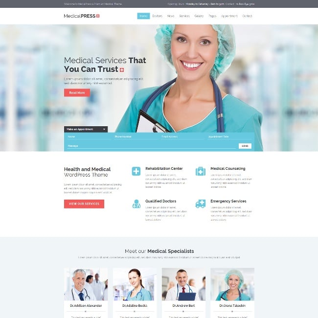 best wordpress health theme: MedicalPress homepage lists services and team members