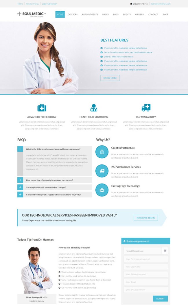 أفضل موضوع للصحة في ووردبريس: تتضمن الصفحة الرئيسية لـ soulmedic قسم الأسئلة الشائعة ونموذج التعيين