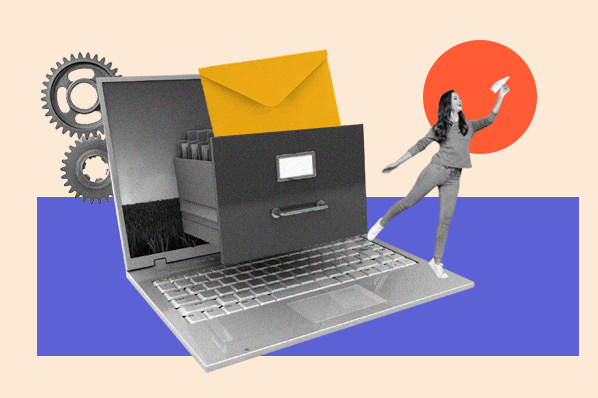 inbox organization tools: image shows a person standing on a laptop computer in the corner 