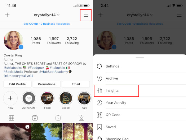 مشاهده Insights Instagram: از منوی Instagram به Insights بروید