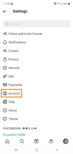 Convert Instagram to a business profile: account in the settings menu