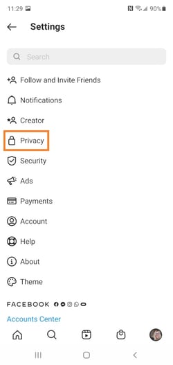 Convert Instagram to Business Profile: Privacy in Settings Menu