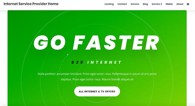 Internet service provider homepage demo available with fast WordPress theme Divi