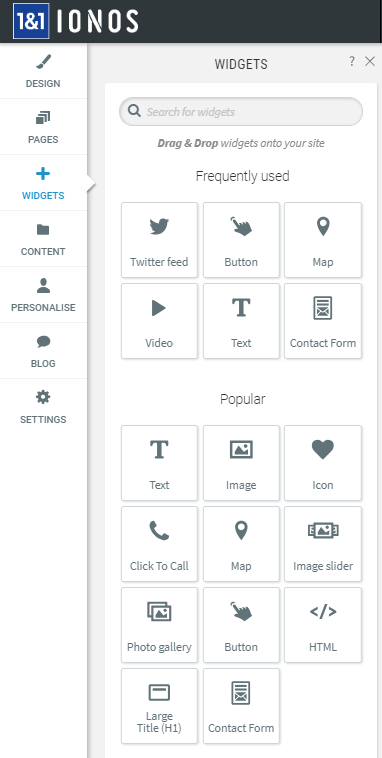 Widżety Ionos do tworzenia stron internetowych na pulpicie nawigacyjnym