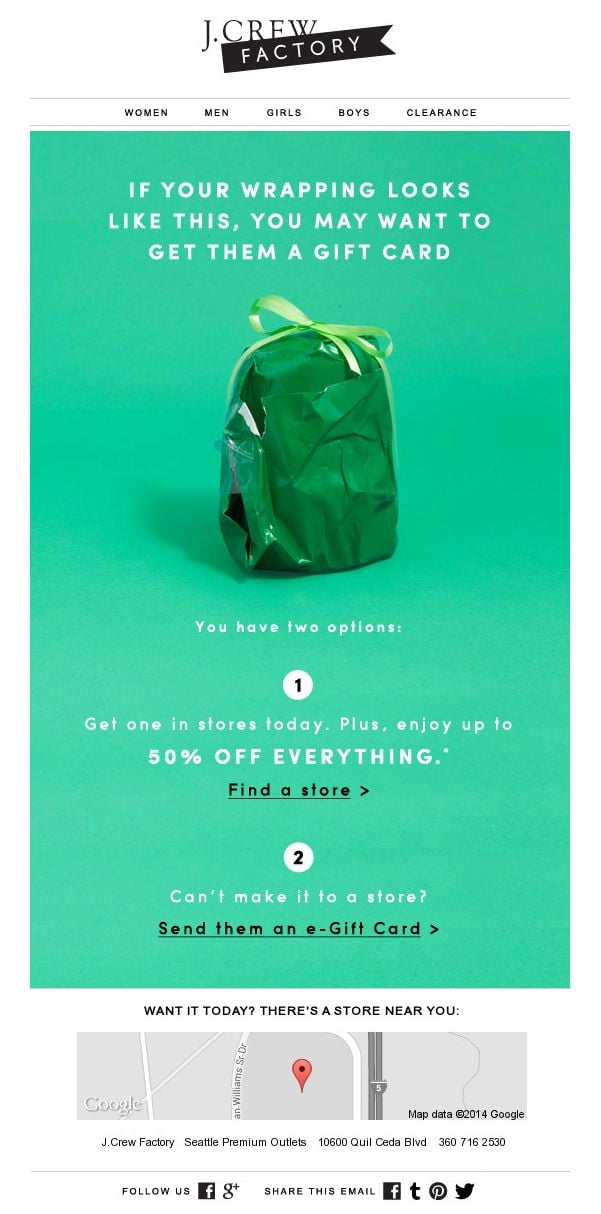 j.crew factory email that reads 'if your wrapping looks like this, you may want to get them a gift card' with an image of a bad wrapping job barely concealing what's obviously a backpack