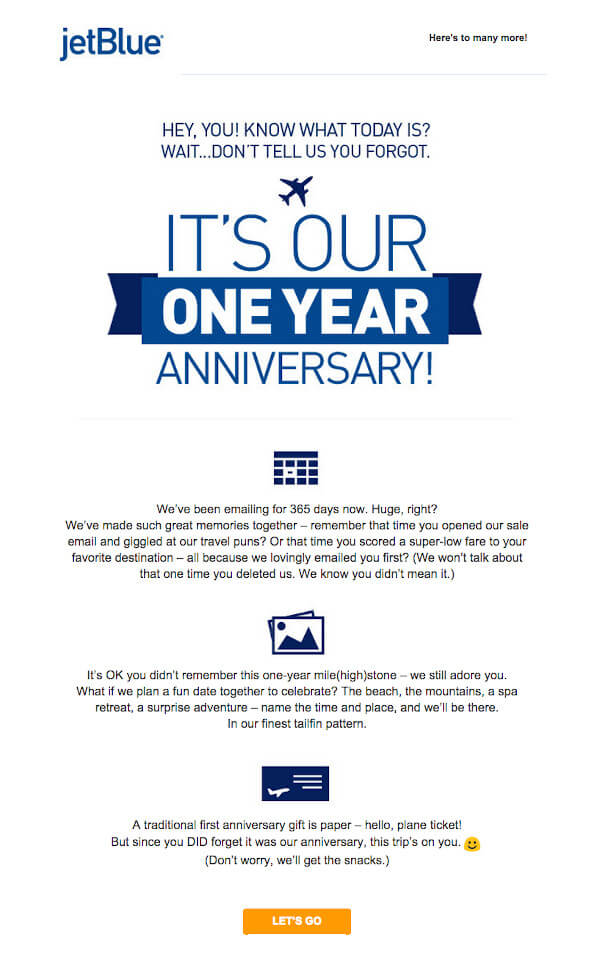 JetBlue email that reads "it's our one year anniversary. we've been emailing for 365 days now" below, it reads "it's OK you didn't remember this one-year mile(high)stone" and "a traditional first anniversary gift is paper - hello plane ticket! but since you did forget it was our anniversary, this trip's on you"