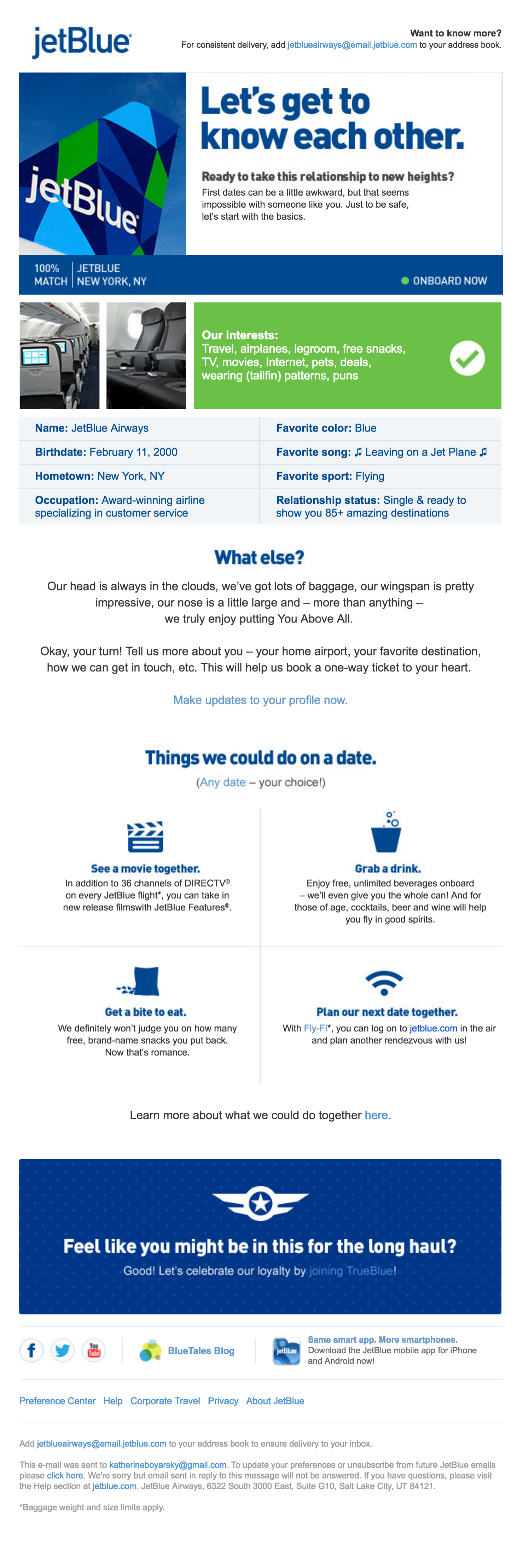 JetBlue Email lead nurturing example