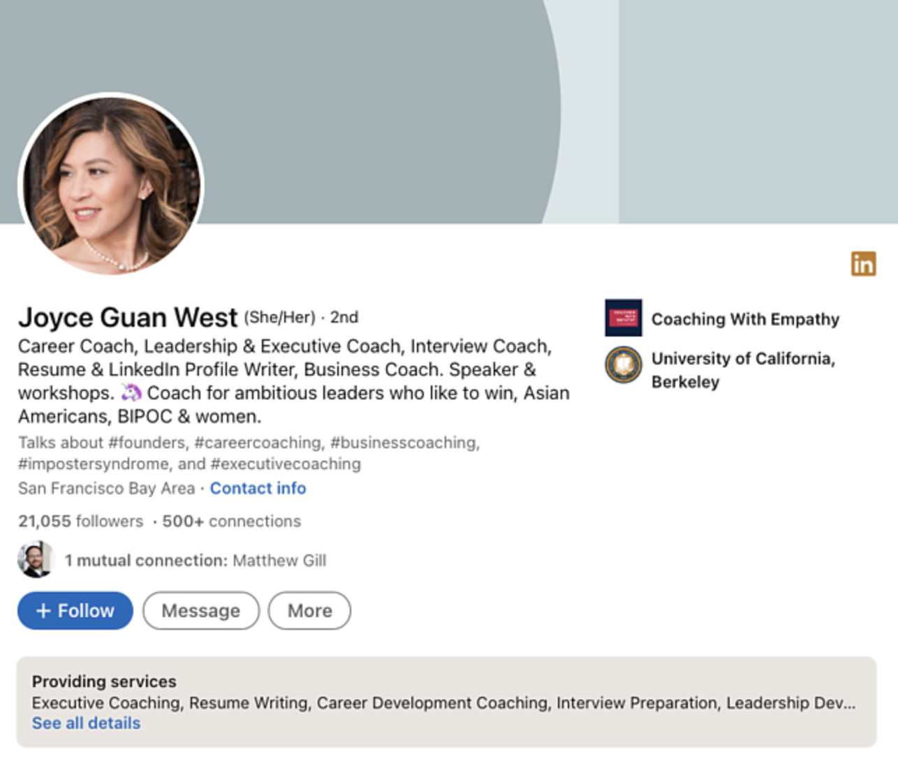 LinkedIn summary example: Joyce Guan West