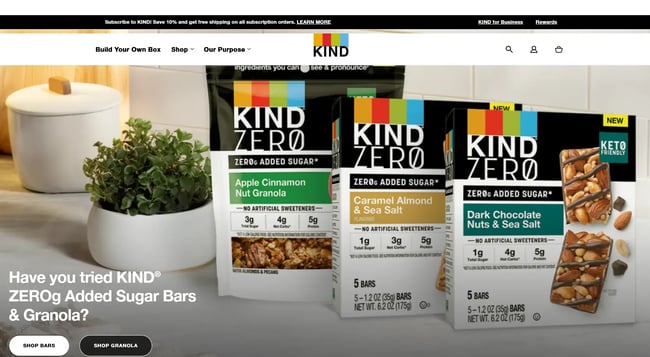 Homepage of Kind Snacks.