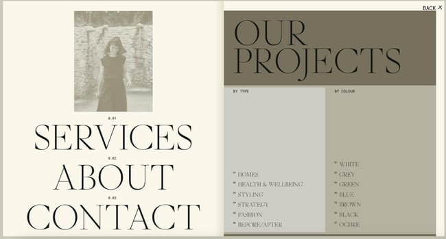 web design trends: Experimental navigation of Kim Kneipp's portfolio site looks like a table of contents in a book
