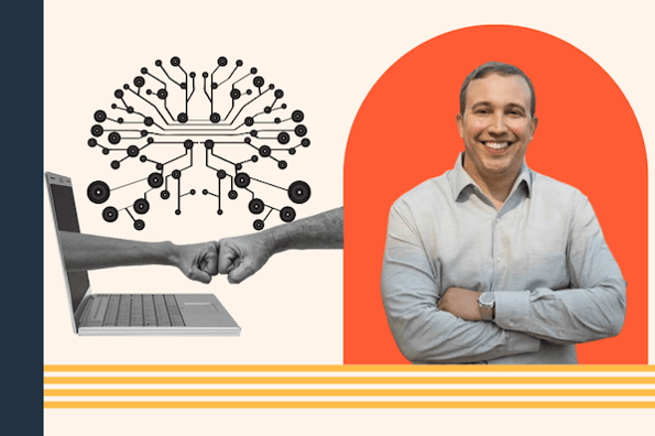 HubSpot CMO در کنار یک کامپیوتر با شبکه تولید شده توسط هوش مصنوعی قرار دارد