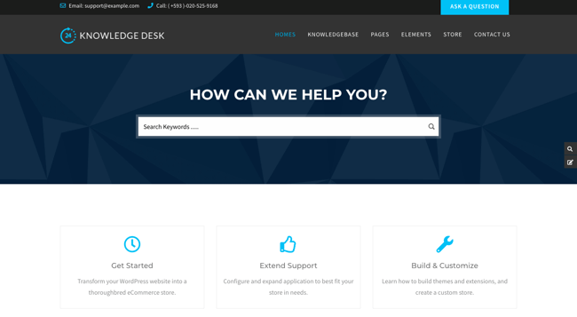 Knowledge Base website with static slider ocreated with KnowledgeDesk theme for WordPress