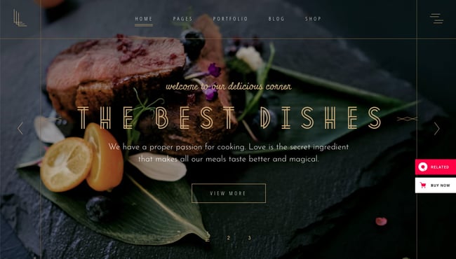 restaurant wordpress themes: Laurent demo displays featured dishes with CTA to view more