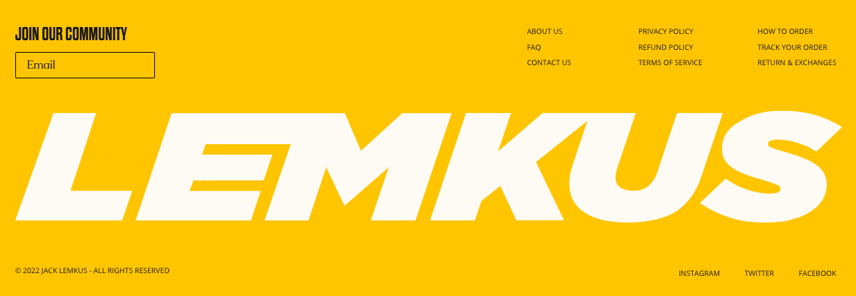 best website footer examples: Lemkus features logo in bold typography in footer