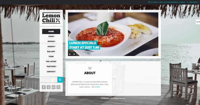 restaurant wordpress themes: LemonChili demo features vertical navigation menu and image slider