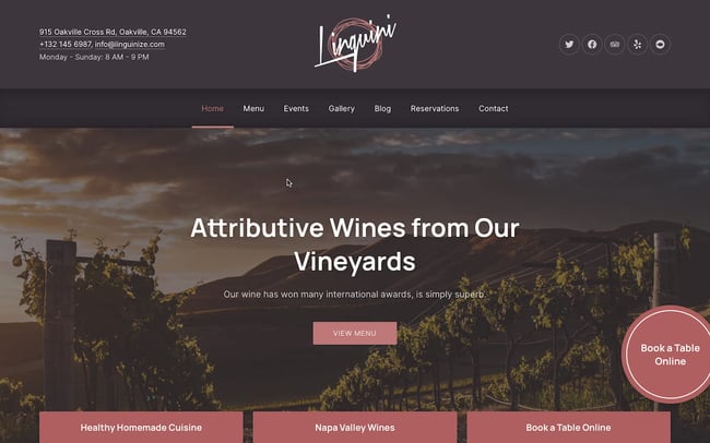 restaurant wordpress themes: Linguini demo displays three vineyards and CTA to view menu