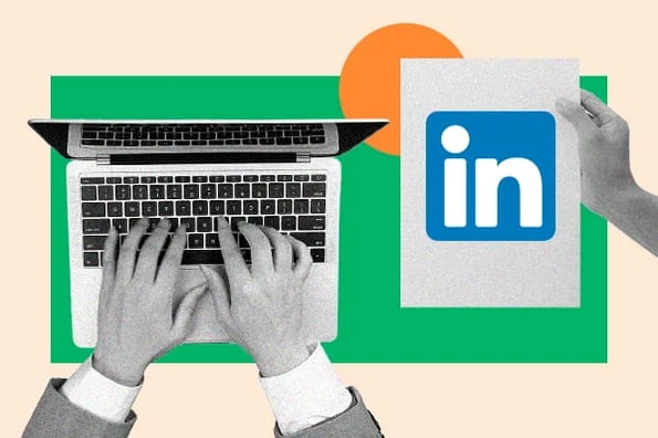  image shows someone typing on a computer and a linkedin icon nearby 