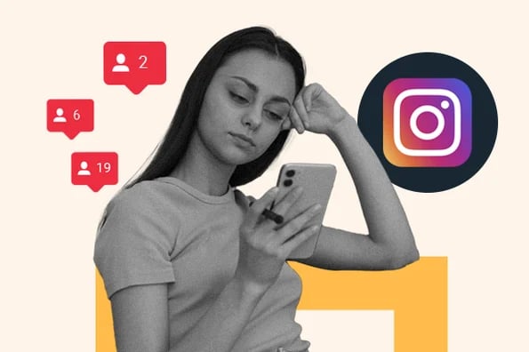 losing followers instagram: image shows a girl holding her phone and the instagram logo nearby 