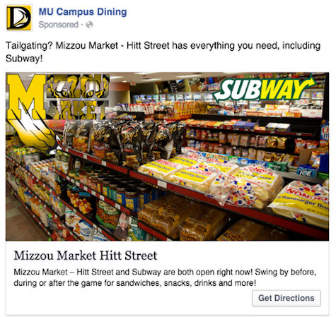 Anúncio do Facebook para jantar no campus da MU