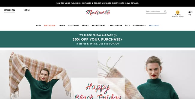 Examples of Bad Website Design:  Madewell example