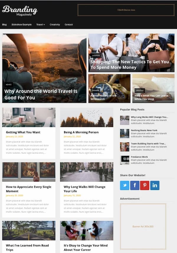Magazinely WordPress theme demo with advertising space