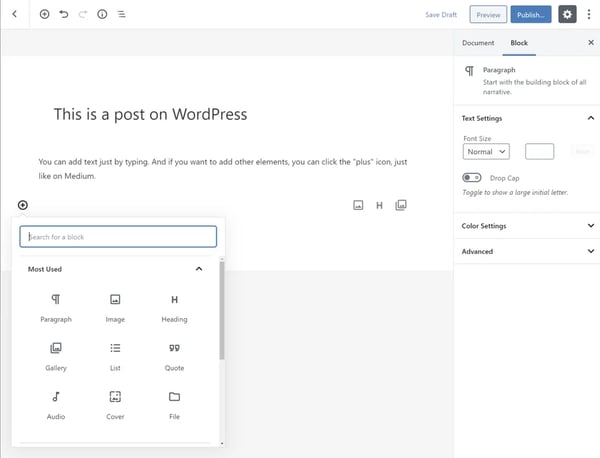 WordPress Gutenberg editor has multiple blocks for creating blog posts and pages quickly