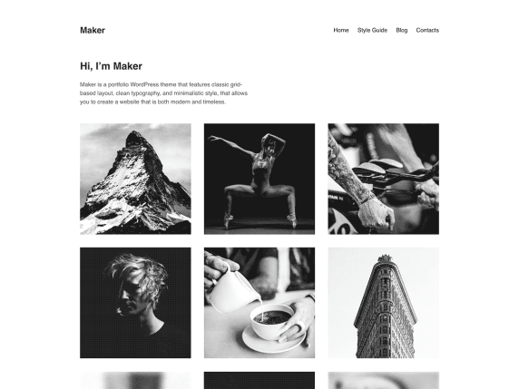 Maker WordPress theme shows minimalist black and white portfolio