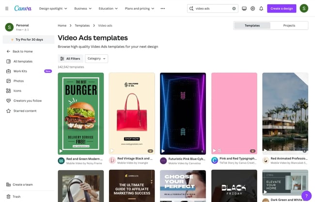 Select a video ad template in Canva.