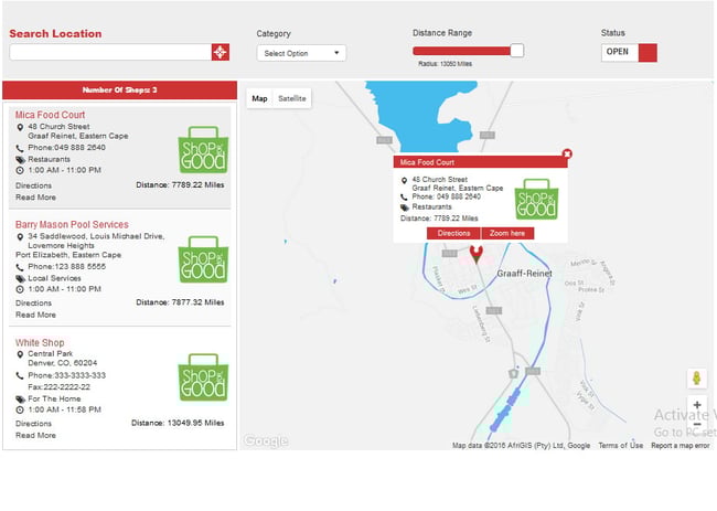 Map showing multiple ecommerce business locations via Store Locator for WordPress plugin