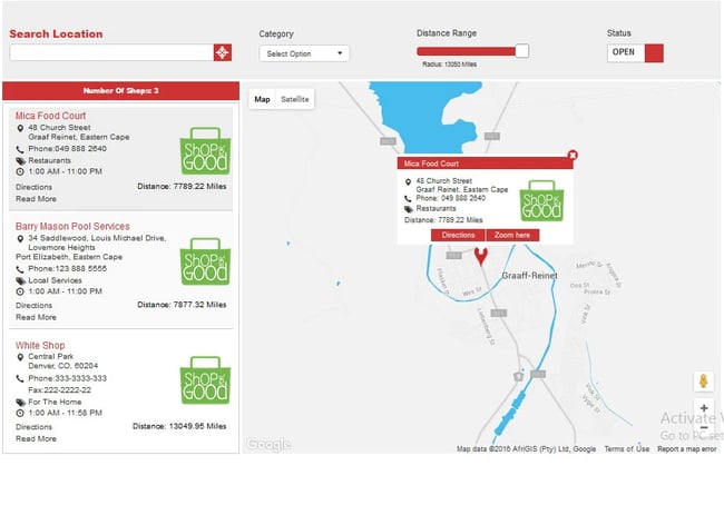 Map showing multiple ecommerce business locations via Store Locator for WordPress plugin