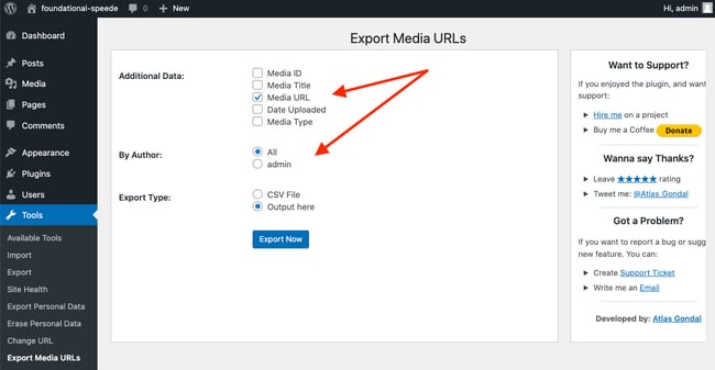 Media URLs and files by all authors selected on the Export Media URL Plugin Settings page
