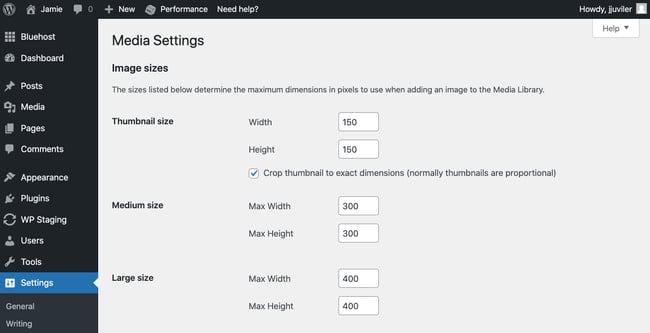 Media settings show default thumbnail and other image sizes in WordPress dashboard