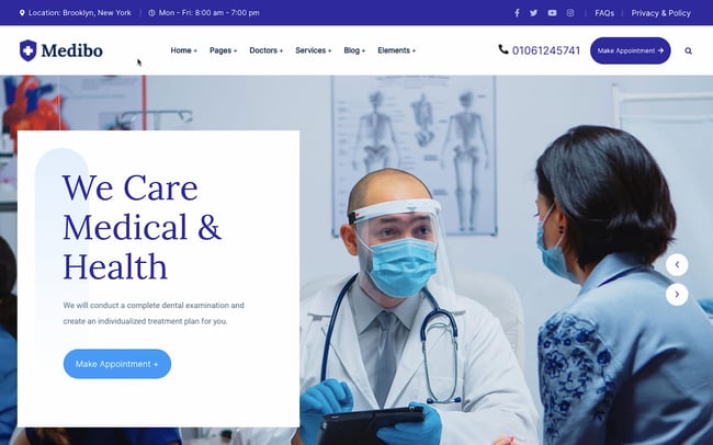 best wordpress health theme: Medibo homepage features two prominent CTA buttons