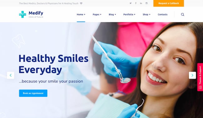 best wordpress health theme: Medify homepage for dentist features CTA to book appointment