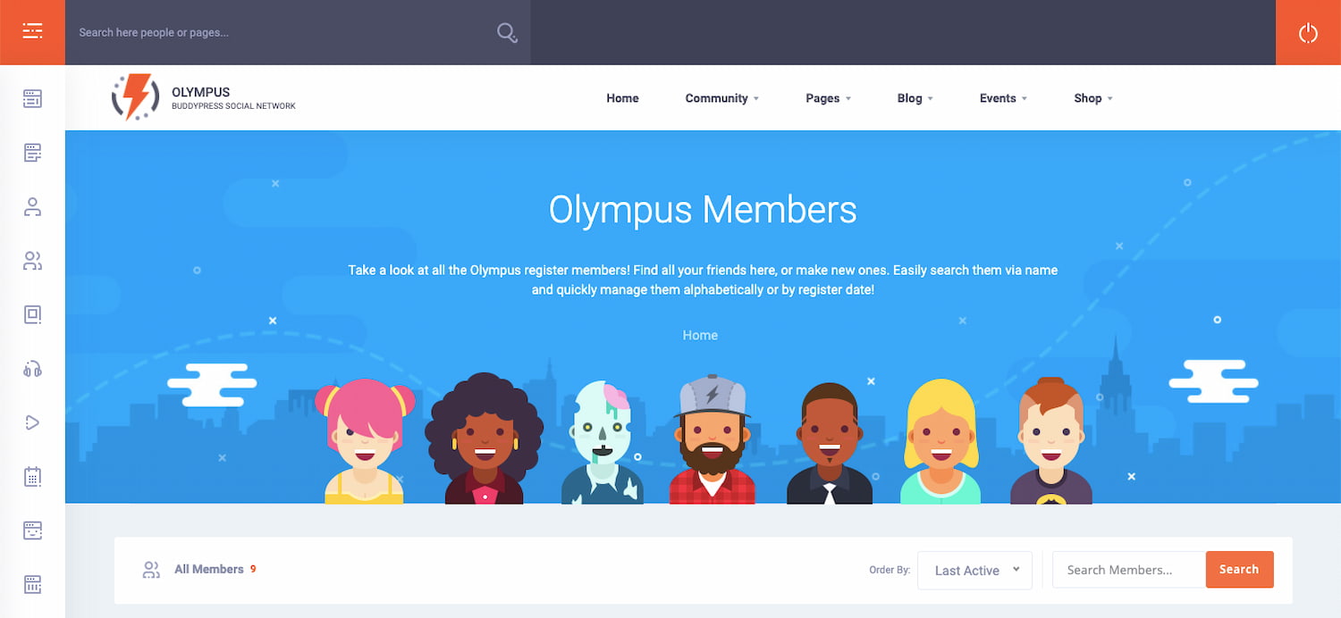 Members page demo of Olympus theme for WordPress